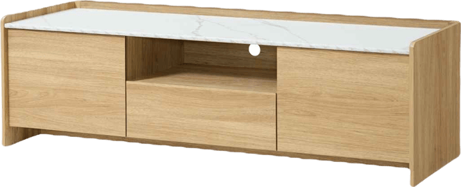Hazel Oak 62.4” Wide Tv Media Console with 2 Doors & Open Storage, Faux Marble Top, Manufactured Wood
