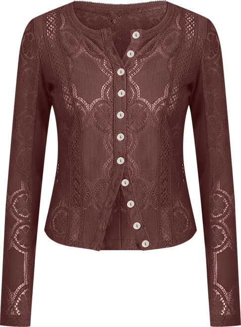 Women's Button-Front Long Sleeve Lace Top
