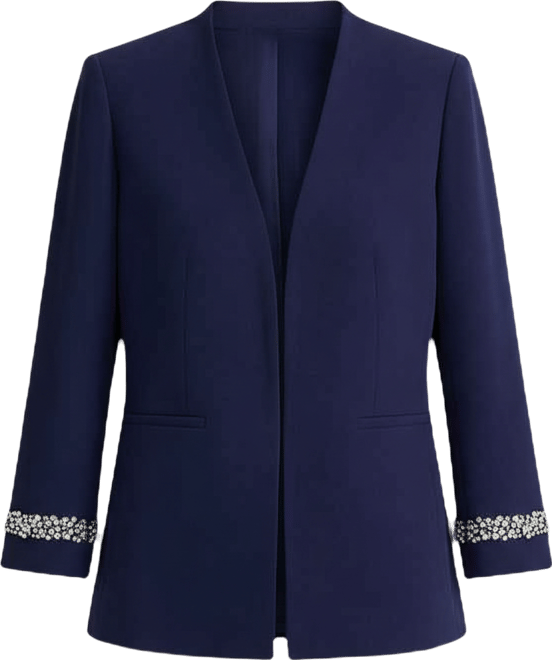 Women's Stretch Crepe Collarless Embellished Bracelet-Sleeve Jacket