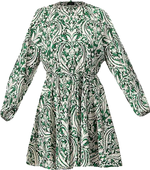 Women's Baroque Print Mini Dress with Belted Waist