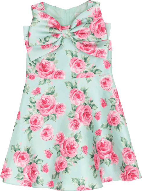 Girls' 2T-6X Printed Mikado Round Neck Bow Dress