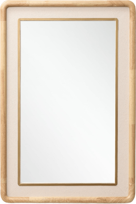 Rounded Rectangle Decorative Wall Mirror, 35" Rubberwood Frame with Pu Leather Accent