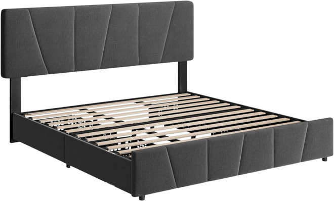 King Size Bed Frame with Adjustable Headboard and 4 Storage Drawers