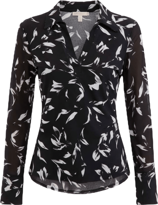 Women's Long-Sleeve Printed Mesh Collared Top, Macy's Exclusive