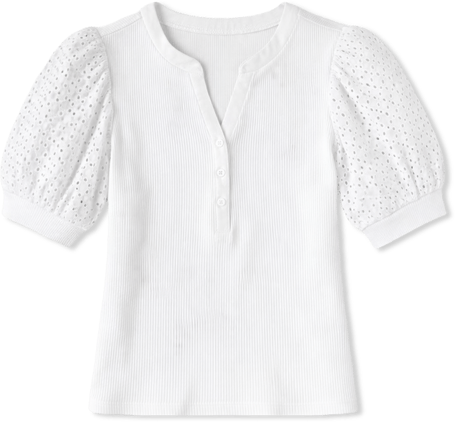 Petite Rib Body Eyelet V-Neck Top