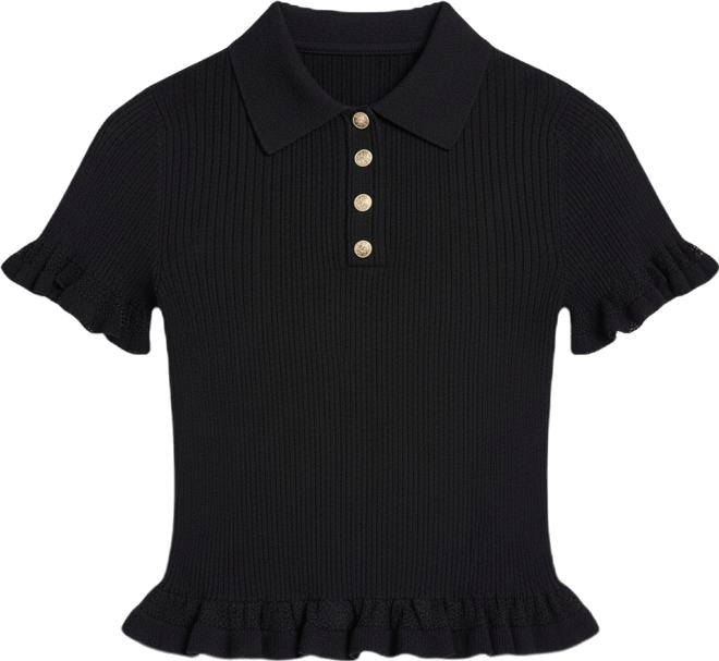 Women's Ruffle Hem Short-Sleeve Polo Sweater