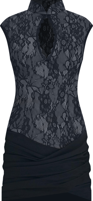 Women's Valerie Black Lace Teardrop Neckline Ruched Mini Dress