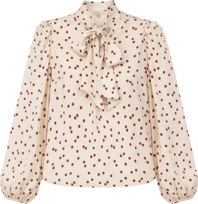 Women's Long Sleeve Polka Dot Blouse with Neck Tie