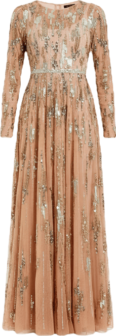 Women's Long Sleeve Mesh Embellished Evening Gown