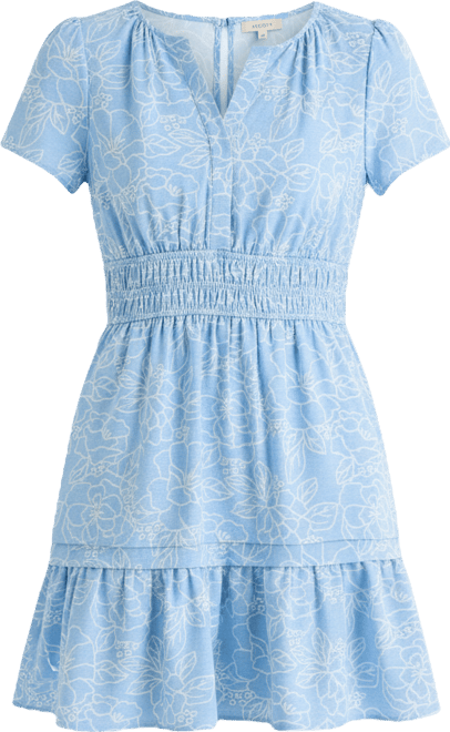 Be by CHETTA B Women's Notch Neck Short Sleeve Fitted Floral Fit + Flare Dress | Blue | Women's Large | Dresses Fit + Flare Dresses | Spring Fashion |