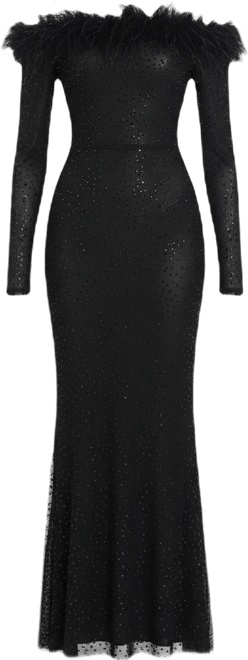 Miss Circle Women's Emberly Black Fur Trimmed Off-Shoulder Rhinestone  Mermaid Maxi Dress - Macy's