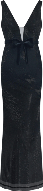 Women Olympia Black Belted Bow Plunging Rhinestone Maxi Dress