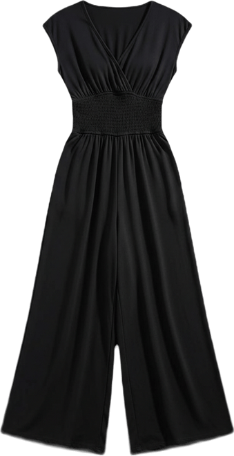 Women's V-Neck Smocked Waist Wide-Leg Jumpsuit