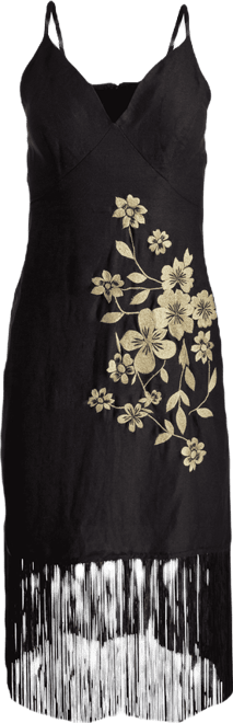 Boston Proper - Tan/Gold - Embroidered Fringe Midi Dress Black/Gold - 16