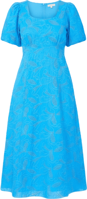 Women's Bubble Sleeve Scoop Neck Eyelet Midi Dress