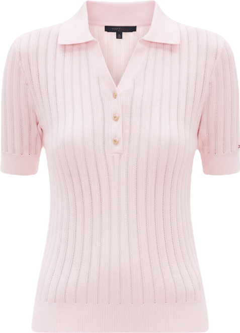Women's Pointelle Rib Short-Sleeve Polo Sweater