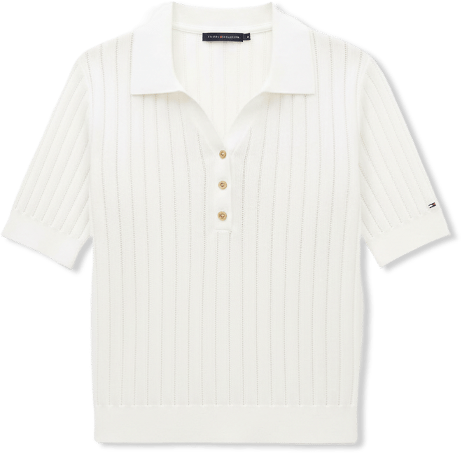 Women's Pointelle Rib Short-Sleeve Polo Sweater