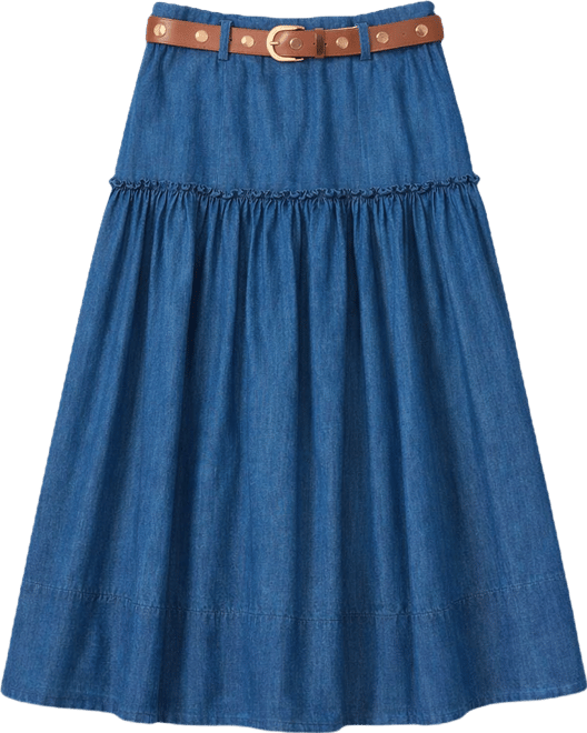 Women's Belted Denim Midi Skirt