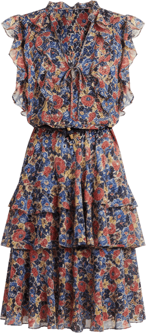 Women's Floral Ruffle Trim Split Neck Dress