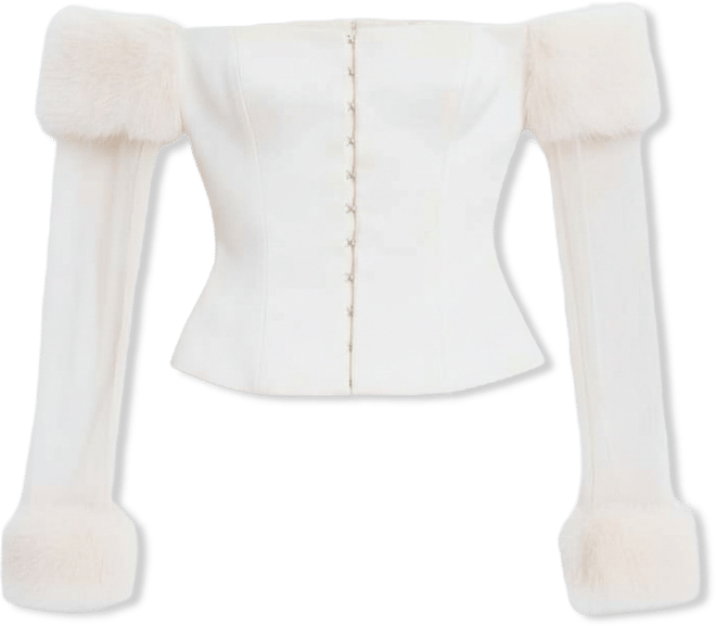Women Nola Ivory Off-Shoulder Fur Trimmed Top
