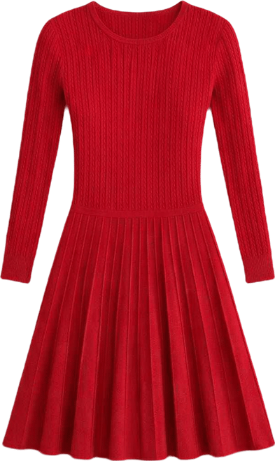 Women's Crewneck Pleated Fit and Flare Dress