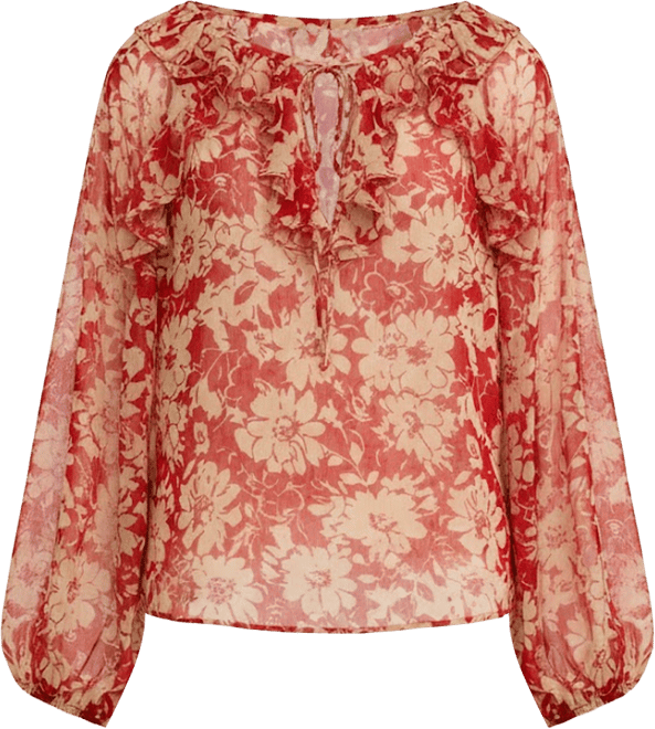 Women's Floral Ruffle Trim Split Neck Top