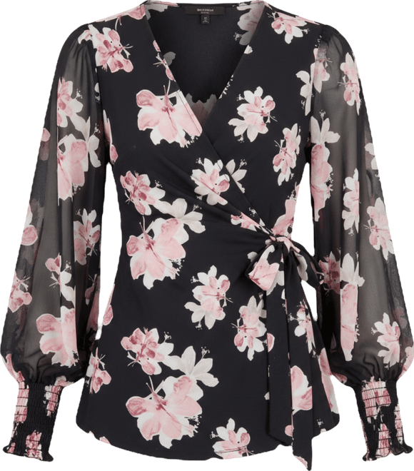 Women's Floral-Print Smocked-Cuff Wrap Top