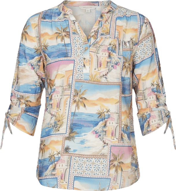 Women's Beachcomber Postcard Print Tie Sleeve Henley Top