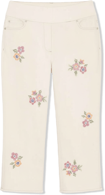 Women's Beachcomber Floral Cross Stitch Super Stretch Denim Capri Jeans