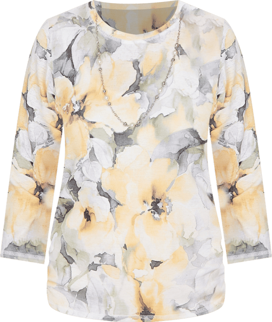 Women's Al Fresco Watercolor Floral Side Ruched Top with Necklace