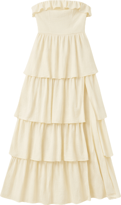 Women's Strapless Tiered Ruffle High Slit Maxi Dress