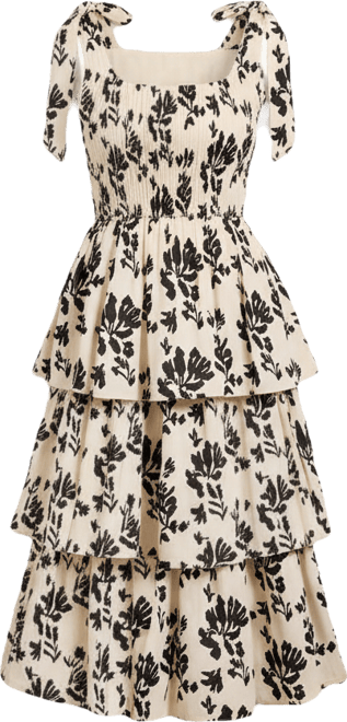 Women's Smocked Tiered Bow-Tie Straps Floral Midi Dress