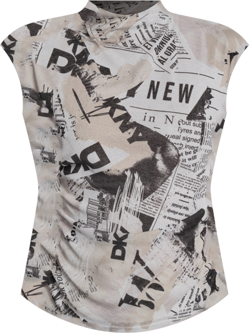 Women's Newspaper-Print Mock Neck Knit Mesh Top