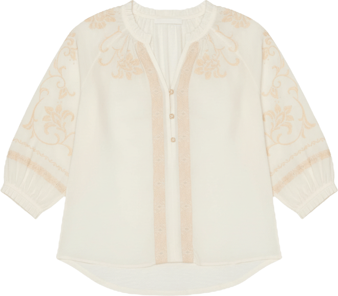 Petite 3/4-Length Blouson Sleeve V-Neck Top