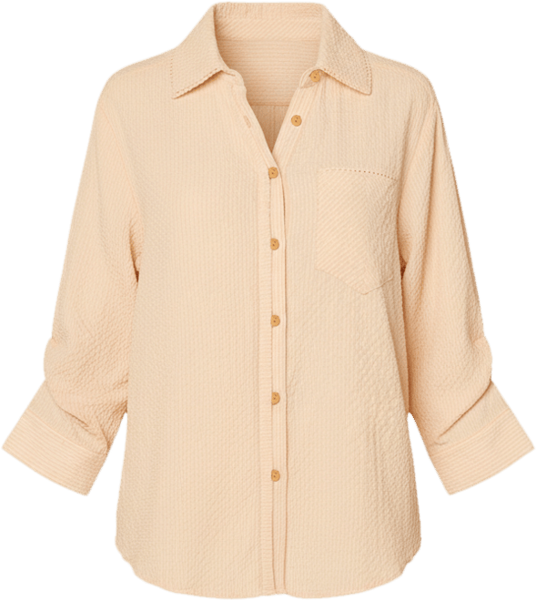 Petite Smocked Collar Bubble-Hem Striped Collared Shirt