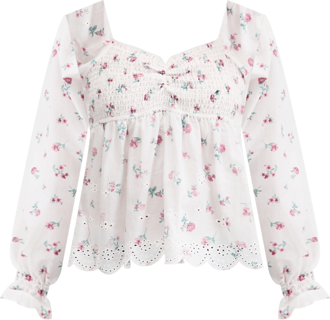 Juniors' Printed Cotton Long-Sleeve Babydoll Top