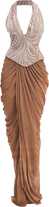 Women's Nancie Apricot Beaded Halter Peplum Pleated Maxi Dress