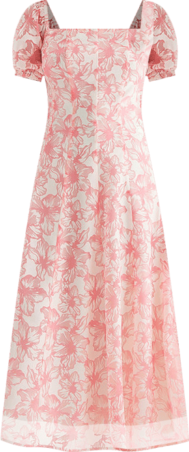 melonie t floral midi dress Melonie T Womens Midi Square Neck Short Sleeve Puffed Floral Fit + Flare  Dress, Color: Ivory Pink