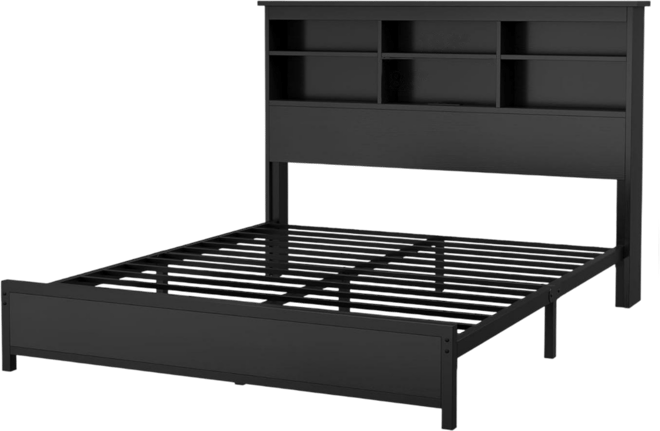 Queen Size Bed Frame with Bookcase Headboard, 2-Tier Storage Platform, Usb Charging Station, No Box Spring, Easy Assembly