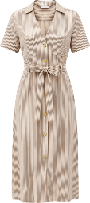 Women's Striped Collared Waist Tie Button-Down Midi Dress