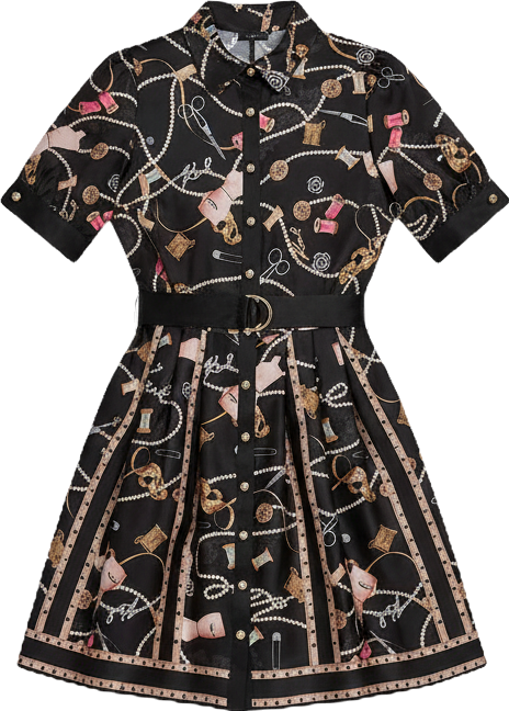 Women's Printed Collared Belt Shirt Dress
