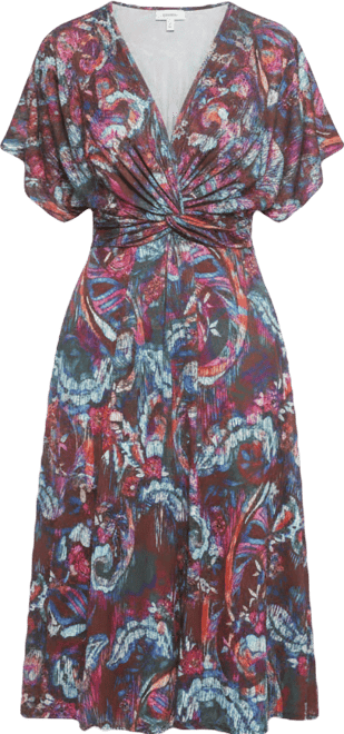 Women's Abstract V-Neck Short Dolman Sleeve Twist Front A-Line Midi Dress