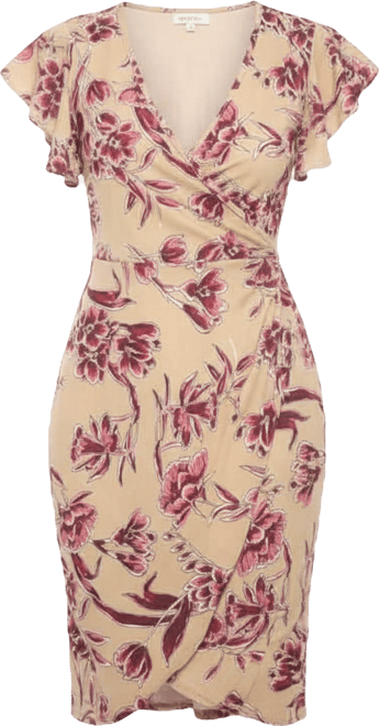 Women's Floral Flutter Sleeve Faux Wrap Knee Length Dress