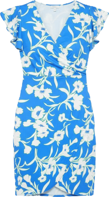 Women's Floral Flutter Sleeve Faux Wrap Knee Length Dress