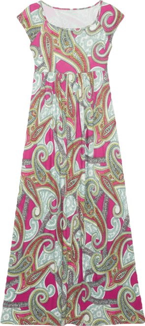 Women's Paisley Square Neck Cap Sleeve Pleated A-Line Maxi Dress