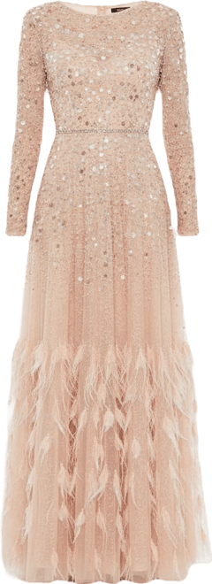 Petite Disc Embellished Sequin Gown with Feather Detail