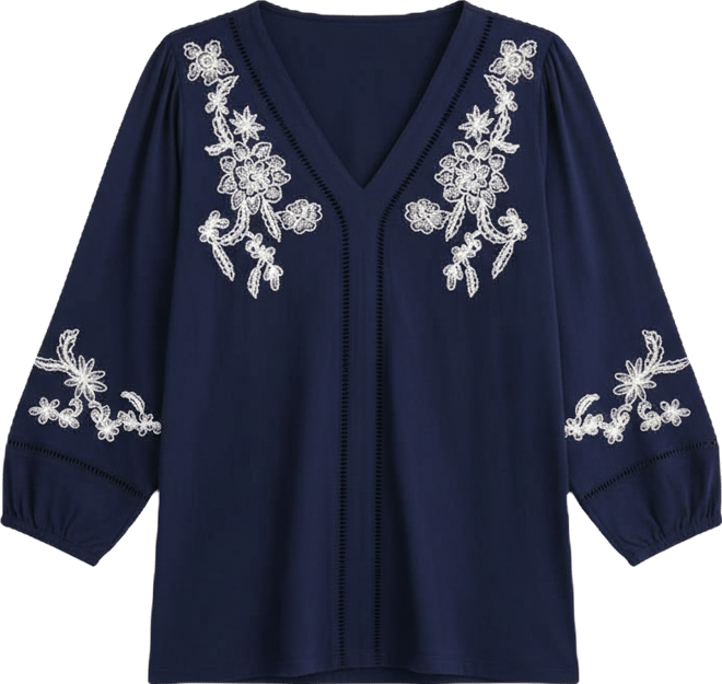 Petite Embroidered Detail V-Neck Top, Macy's Exclusive