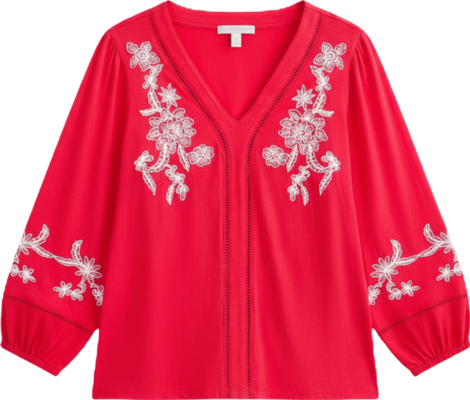 Petite Embroidered Detail V-Neck Top, Macy's Exclusive