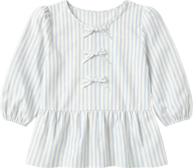 Juniors' Striped Puff-Sleeve Crewneck Peplum Top