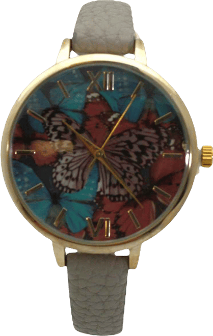 Gray Faux Leather Butterflies Dial Women Watch